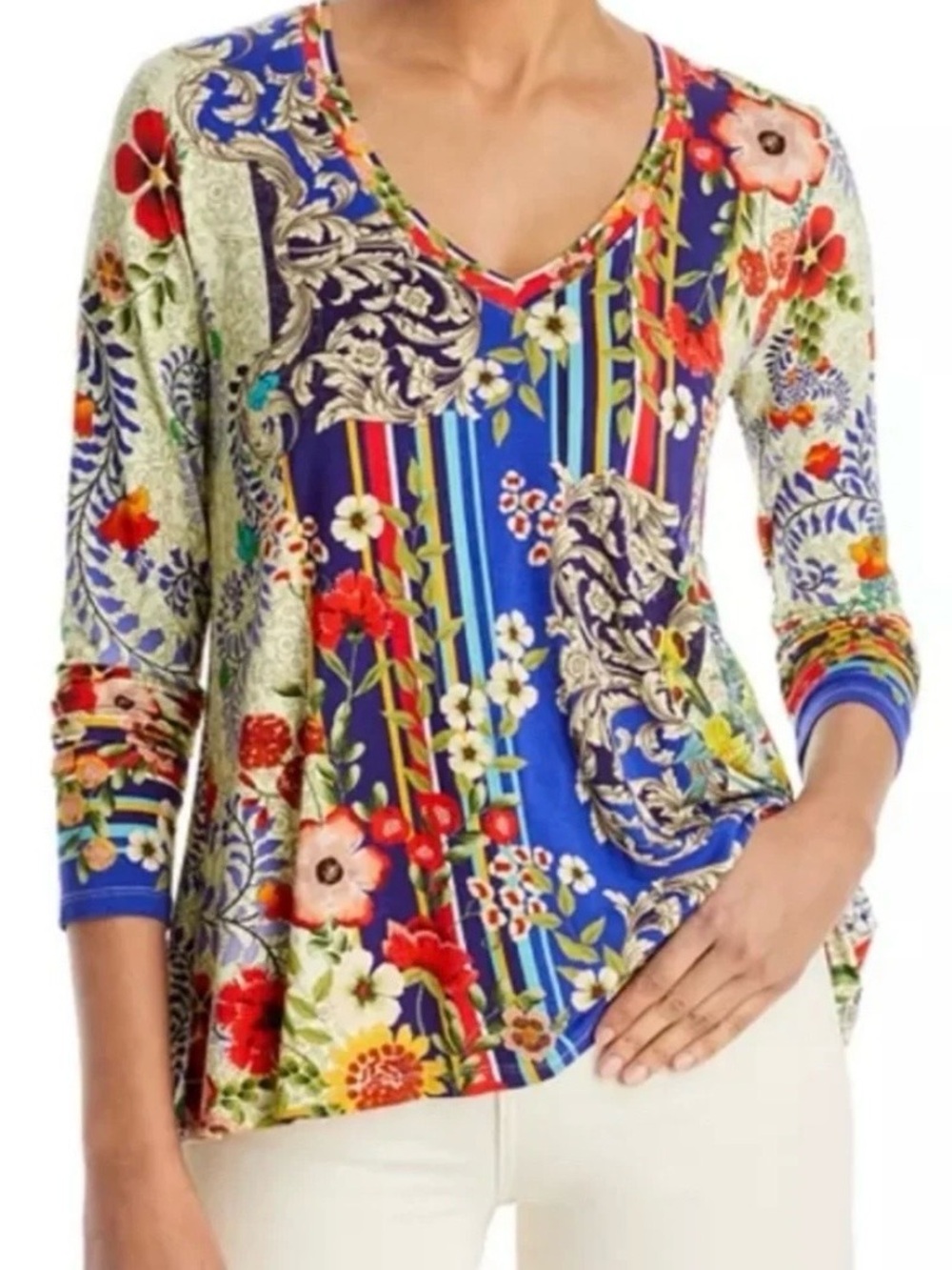 Johnny Was Floral Strip Multicolor 3/4 Sleeves Top Size Medium
